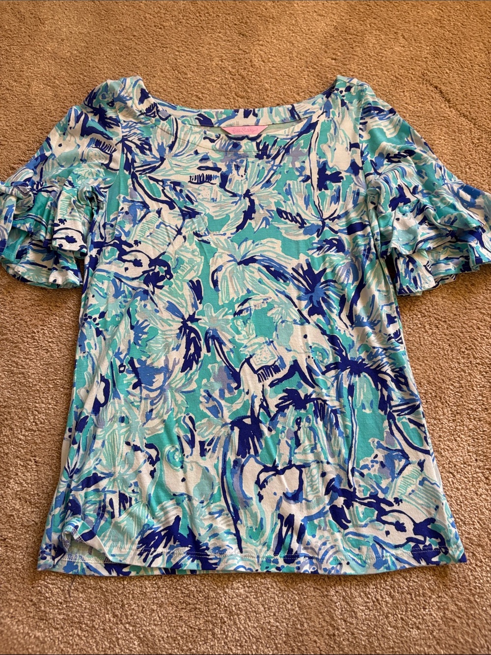 Lilly Pulitzer Lula Elephant Top Aqua & Navy Floral Ruffle-Sleeve Tunic